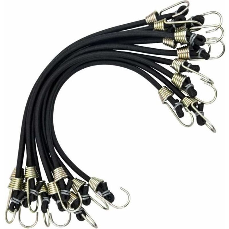 Lot de 10 Tendeurs Elastiques avec Crochets Universels Robustes - Noir et Argent