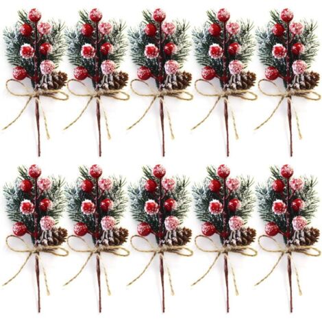 Lot de 10 tiges de Baies de Noël Rouges de 20 cm - Petits Pics et Sprays de Noël artificiels avec Pommes de pin, Houx, Baies de Noël, décorations de Fleurs pour couronnes de Noël