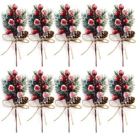 Lot de 10 tiges de Baies de Noël Rouges de 20 cm - Petits Pics et Sprays de Noël artificiels avec Pommes de pin, Houx, Baies de Noël, décorations de Fleurs pour couronnes de Noël