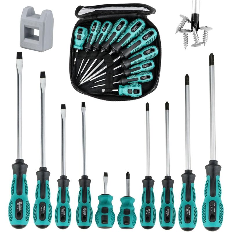 Lot de 10 Tournevis Magnétiques, 5 Tournevis Cruciformes et 5 Têtes Plates, avec Magnétiseur, Fabriqués en Acier Au Chrome Vanadium, kit de Tournevis