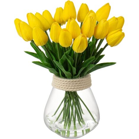 Lot de 10 tulipes artificielles jaunes, aspect réaliste.