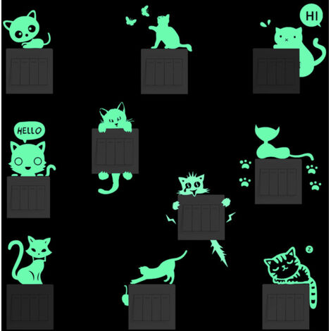 Lot de 10 veilleuses vertes en forme de chat, autocollants pour interrupteur.