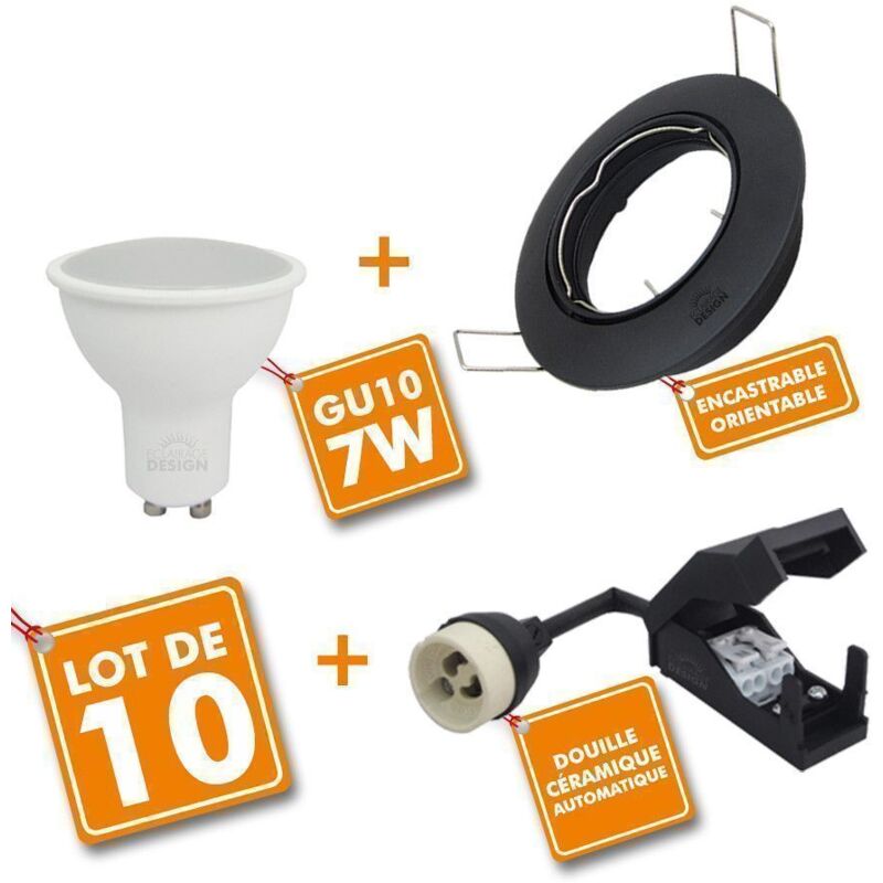 Lot de 10 x Spot encastrable Noir orientable complet led 7W eq 60W Température de Couleur: Blanc chaud 2700K