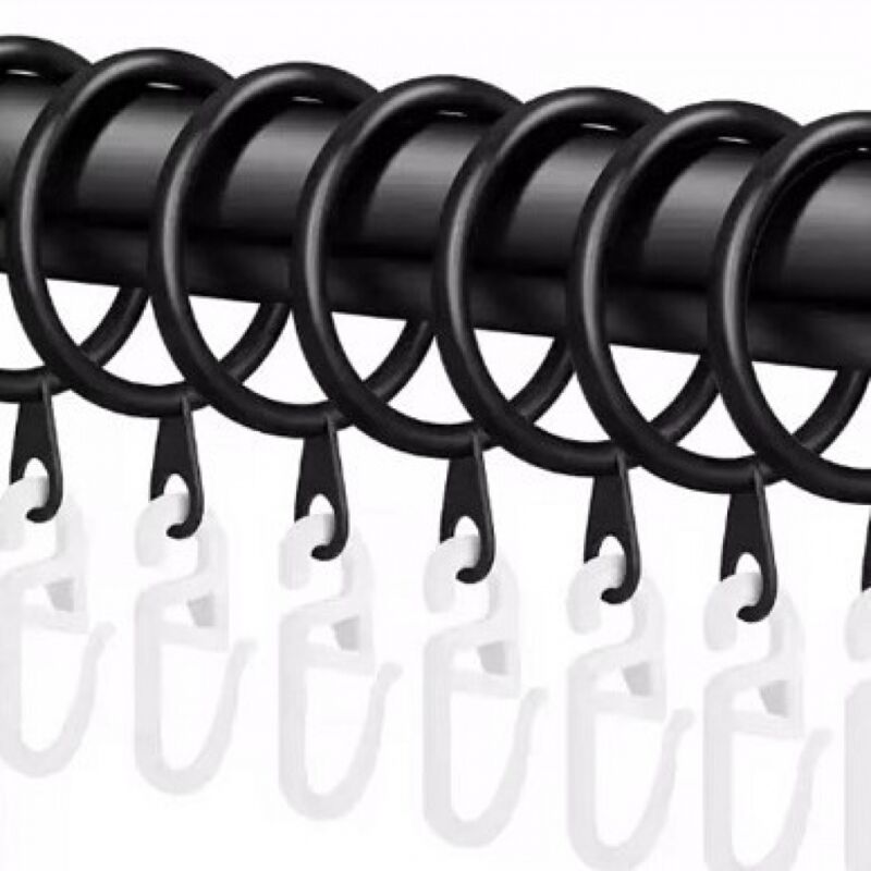 Lot de 100 anneaux de rideau ronds en plastique silencieux avec 100 crochets, anneau de tringle à rideau noir de diamètre intérieur 30 mm, adapté à