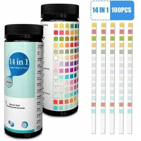 Lot de 100 bandelettes de test 14 en 1 pour l'eau potable et l'eau du robinet, détection facile et rapide de la dureté, pH, taux de brome, nitrate et plus encore