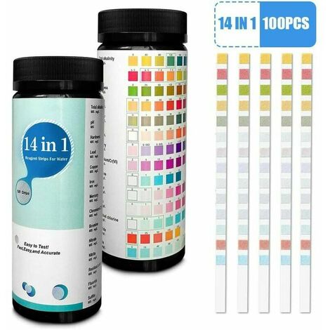 Lot de 100 bandelettes de test 14 en 1 pour l'eau potable et l'eau du robinet, détection facile et rapide de la dureté, pH, taux de brome, nitrate et plus encore
