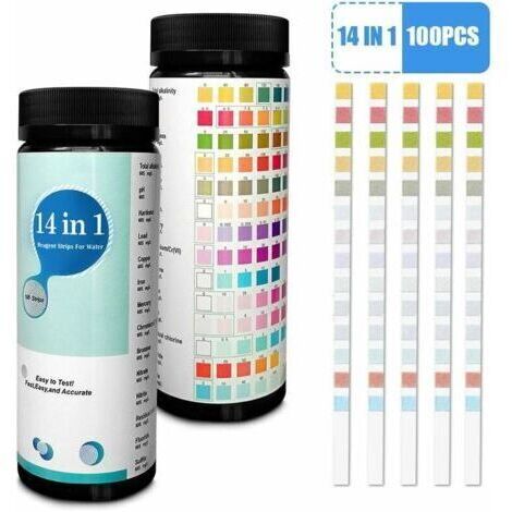 Lot de 100 bandelettes de test 14 en 1 pour l'eau potable et l'eau du robinet, détection facile et rapide de la dureté, pH, taux de brome, nitrate et plus encore