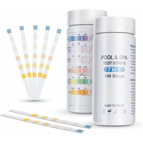 Lot de 100 Bandelettes Piscine, 7 en 1 Bandelettes Test pour Piscine, Spa et Jacuzzi, Analyse Qualit�� de l'eau-Duret�� Totale, Brome, Chlore Libre, pH, Acide Cyanurique et Niveau d'alcalinit��