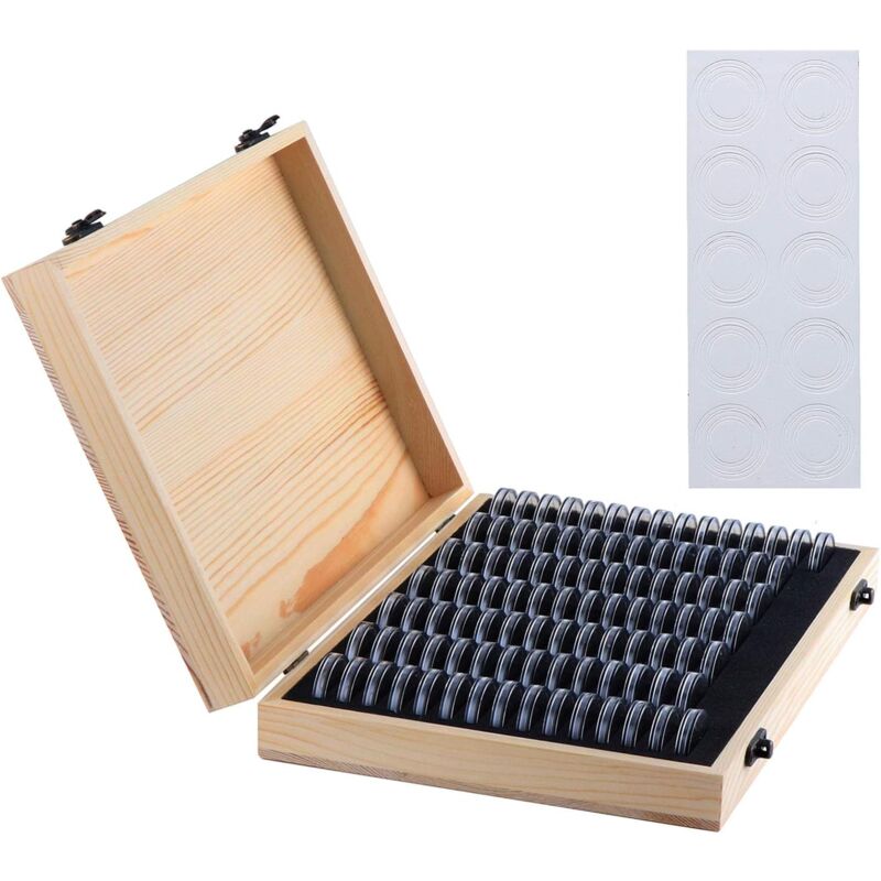 Lot de 100 boîtes de rangement en bois avec capsules rondes en plastique pour pièces de monnaie 18 mm/21 mm/25 mm/27 mm/30 mm