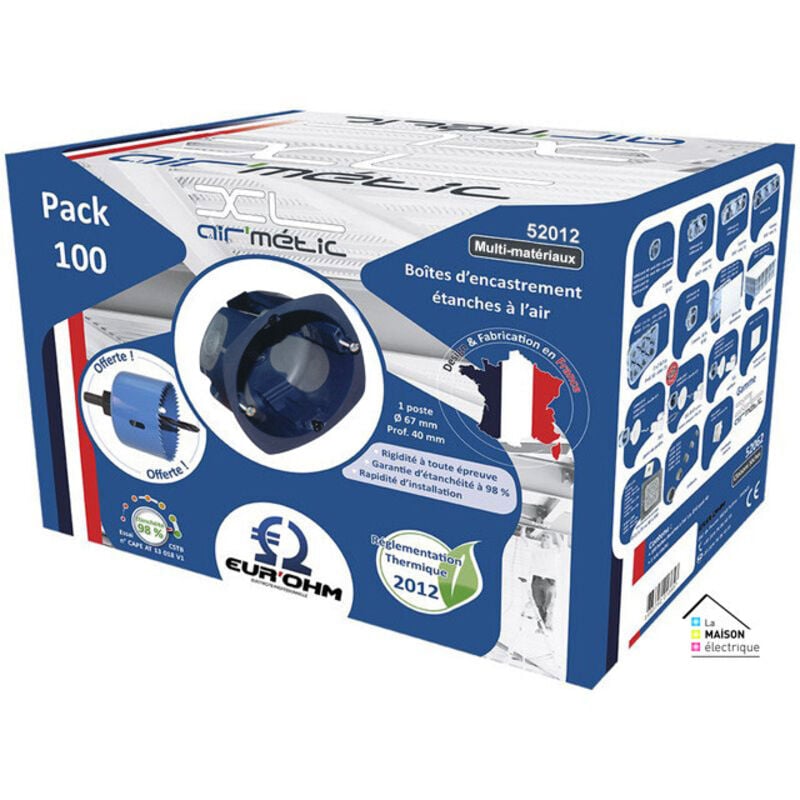 Eurohm Xl Ultra 100 Boites Encastrement Simple Multimatériaux Étanche À L&039,air D67 P40mm + Scie Cloche - 52012