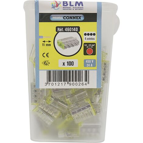 Lot de 100 bornes de connexion 4 fils 1 à 2,5mm² – Tenue au fil incandescent 960°C – Homologations NF, CE, UL – BLM