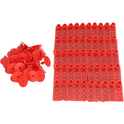 Lot de 100 boucles d’oreille numérotées 1–100 pour élevage – Antichute – Couleur rouge