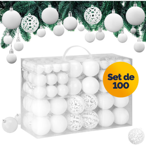 Lot de 100 boules de Noël en plastique robuste Décoration de Noël intérieur extérieur Décoration pour sapin   Blanc