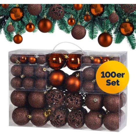 Lot de 100 boules de Noël en plastique robuste Décoration de Noël intérieur extérieur Décoration pour sapin Cuivre / brun