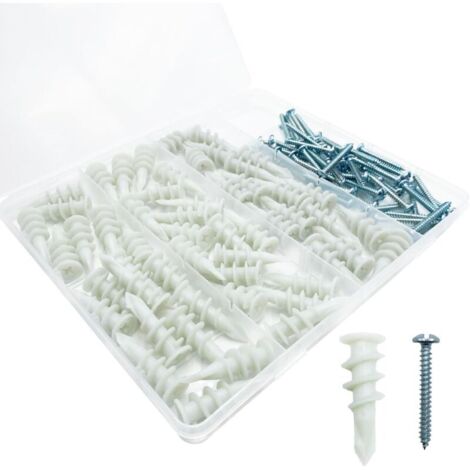 Lot de 100 chevilles autoperceuses pour cloison sèche avec kit de vis, y compris 50 chevilles et 50 vis 8 x 3,8 cm – Peut supporter jusqu'à 34 kg