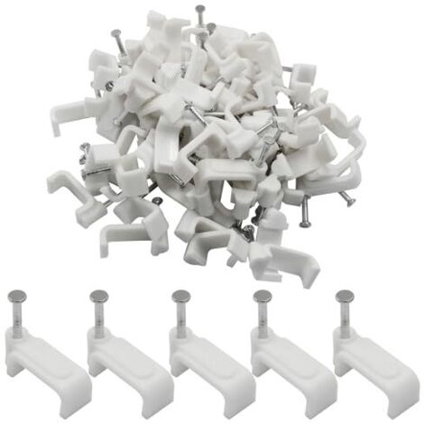Lot de 100 clips câble plats 14 mm, muraux blancs pour câbles Ethernet, coaxial, fil haut-parleur, clous Ethernet plat Cat8, Cat7 blanc 14mm