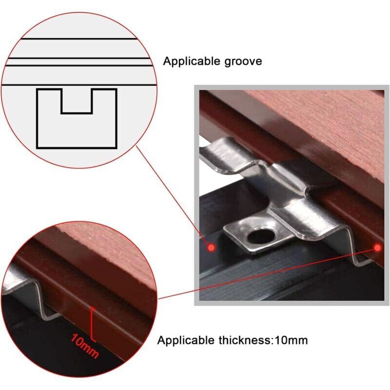 Lot de 100 clips de fixation pour terrasse en composite avec vis en acier inoxydable（hauteur 1 cm）