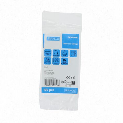 Lot de 100 colliers de câble 2.5 x 100mm Blanc - SIANCE