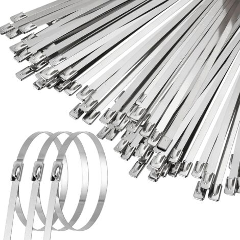Lot de 100 colliers de serrage métalliques, en acier inoxydable 304, ultra-résistants (4,6 x 300 mm, 270 lb), pour le cerclage, le jardinage et la réparation des systèmes d'échappement.
