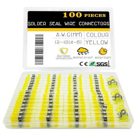 Lot de 100 connecteurs thermorétractables jaunes, 12–10 AWG, connecteur bout à souder automatique, connecteurs de fil à souder étanches, bornes de fil d'épissure bout à bout pour automobile et bateau