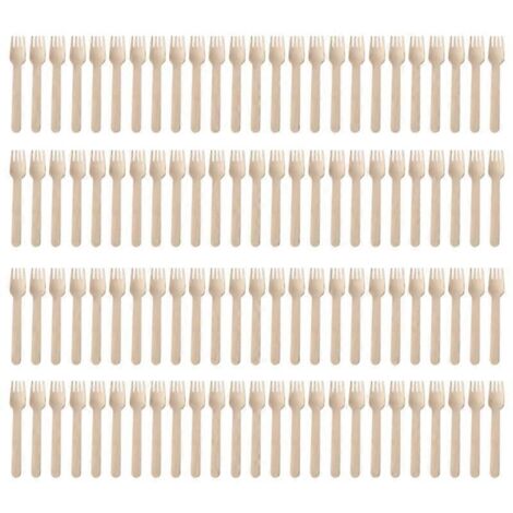 Lot de 100 couverts en bois jetables 14cm, fourchette pour barbecue et camping, vaisselle écologique biodégradable.