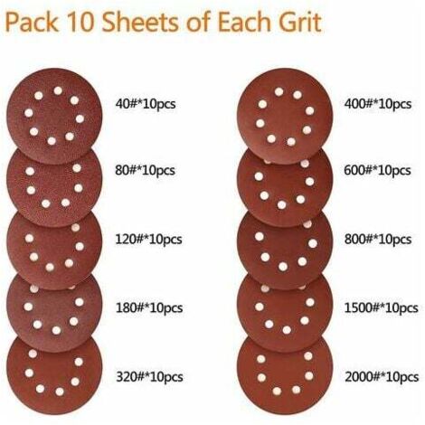 Lot de 100 disques abrasifs 125mm – Assortiment grains 40/80/120/180/320/400/600/800/1500/2000 – Compatible avec ponçage métal, bois, plastique - 100pcs