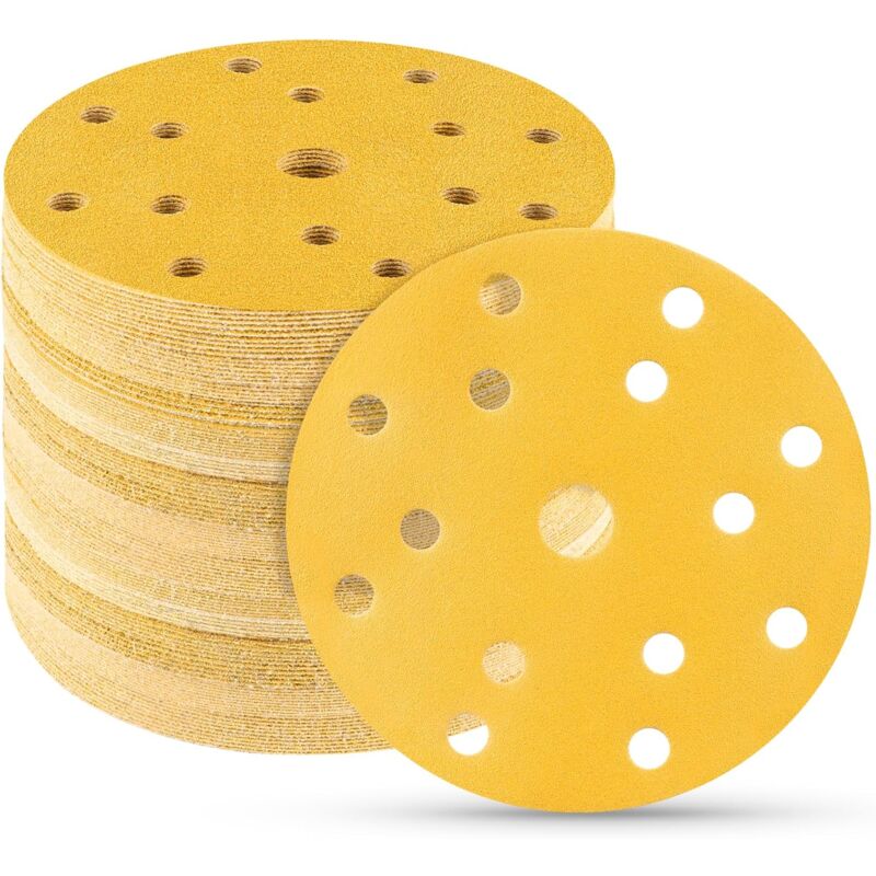 Lot de 100 disques abrasifs 150 mm Velcro 120 grains 15 trous pour ponceuse orbitale ronde aléatoire pour bois métal et peinture