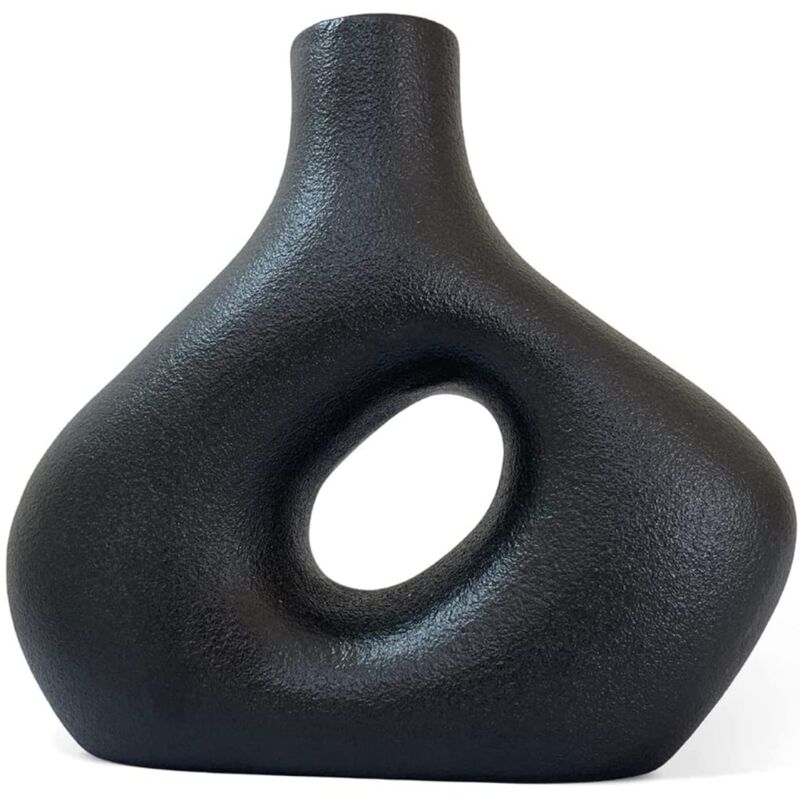 Vase circulaire – Vase beignet géométrique noir mat. Vase nordique pour une maison minimaliste élégante. Vase à fleurs en céramique noire de 8 po