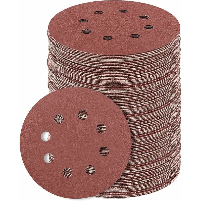 Lot de 100 disques de ponçage ronds 5 pouces 8 trous 120 grains pour ponceuse orbitale aléatoire et finition de meubles en bois meulage des métaux