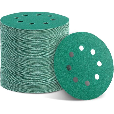 Lot de 100 disques de ponçage verts de 12,7 cm (5 pouces) - Fixation auto-agrippante à 8 trous, 10 grains différents (60, 80, 100, 120, 150, 180, 240, 320, 400, 600) pour ponceuse orbitale.