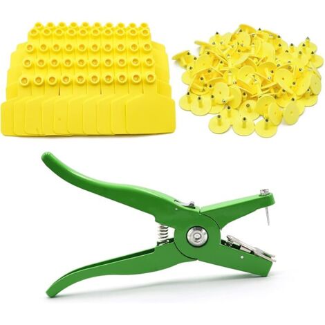 Lot de 100 étiquettes d'oreilles vierges avec pince - Pour identification des animaux de la ferme, bovins, chèvres, moutons, cochons, porcs, vaches - En TPU - Jaune