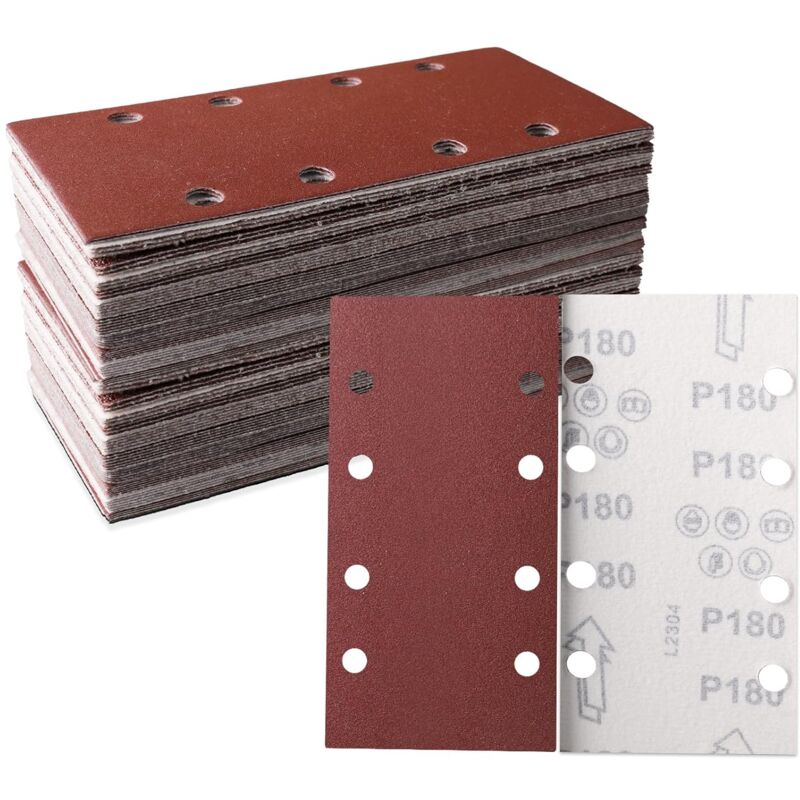 Lot de 100 feuilles abrasives 93 x 185 mm - Papier abrasif carré auto-agrippant 8 trous - 180 grains assortis - le polissage et l'élimination de la