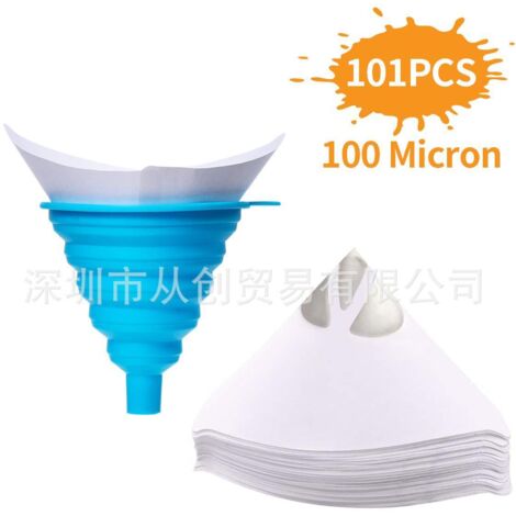 Lot de 100 Filtres Jetables en Papier avec 1 Filtre Entonnoir en Silicone, Filtre en Résine avec Maille fine en Nylon pour automobile, Pistolets Pulvérisateurs, arts et travaux Manuels