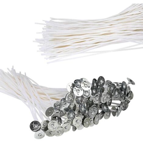 Lot de 100 mèches de bougie fonctionnelles sans fumée – Mèche en coton pré-ciré avec languettes de maintien en métal pour la fabrication de bougies piliers et le bricolage, 20 cm