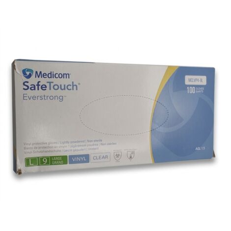 Lot de 100 - MEDICOM - Gants de protection à usage unique en vinyle - SafeTouch Everstrong MCLVP4-9L - Taille L 9 - Légèrement poudrés - Transparent - AQL 1.5 - Protection virus et contact alimentaire
