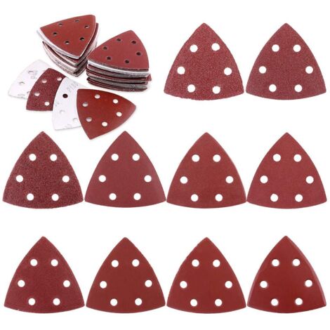 Lot de 100 papiers abrasifs triangulaires de 90 mm avec crochet et boucle assortis 40/60/80/120/180/240/400/600/800/1000 grains pour ponceuse orbitale aléatoire (6 trous)