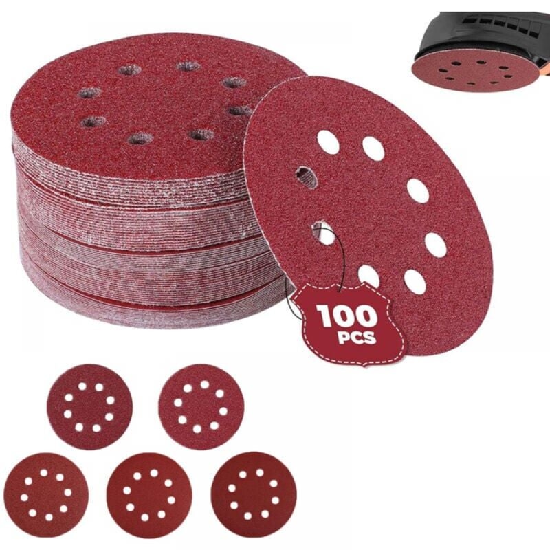 Lot de 100 pièces de papier abrasif pour Ponceuse Excentrique ,ø 125 mm Disques Abrasifs de 60/80/100/120/240 gruau (20 disques par taille de grain)