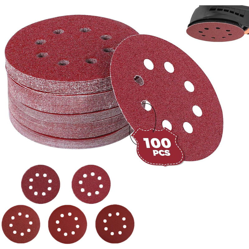 Lot de 100 pièces de papier abrasif pour Ponceuse Excentrique ,ø 125 mm Disques Abrasifs de 60/80/100/120/240 gruau (20 disques par taille de grain)