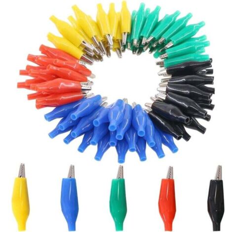 Lot de 100 pinces crocodiles pour test électrique de 35 mm Noir/rouge/jaune/bleu/vert