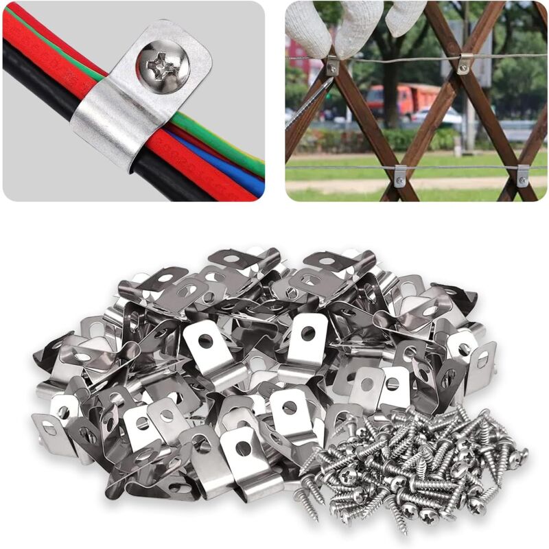 Lot de 100 pinces de fixation pour clôture agricole en acier inoxydable avec vis pour fil soudé sur clôture en bois, métal ou vinyle