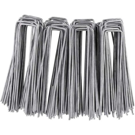 Lot de 100 piquets de Fixation, 150 MM de Long, 25 MM de Large, diamètre 3 MM, en Acier galvanisé, en Forme U, pour Toison Anti-Mauvaises Herbes, Tuyau d'arrosage, Clôture et Filet