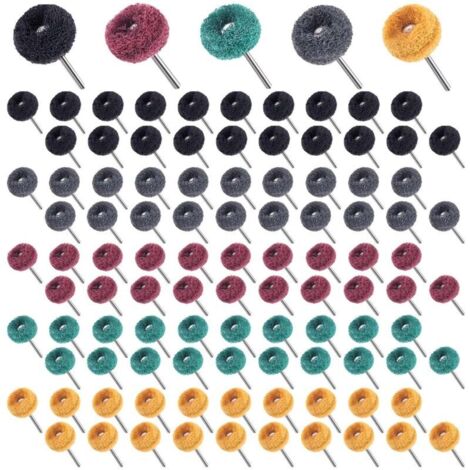 Lot de 100 roues abrasives de 2,5 cm avec tige de 3 mm pour outil rotatif électrique, 20 pièces de chacune des mini brosses de polissage grain 80 150 240 400 600 pour enlever la rouille