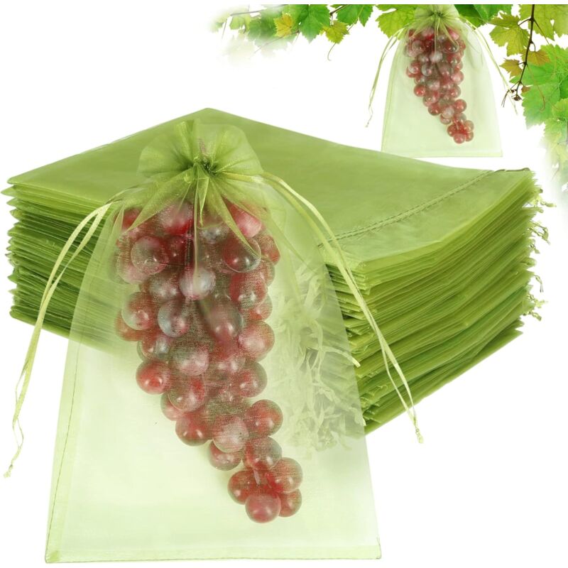 Lot de 100 sacs de protection pour fruits 20 x 30 cm, filets verts avec cordon de serrage, protection contre les nuisibles pour raisins, manguiers,