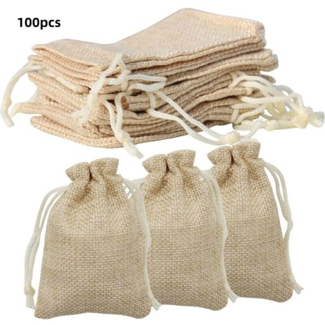 Lot de 100 sacs en toile de jute beige (7 x 9 cm) avec cordon de serrage, sacs cadeaux avec cordon de serrage pour bijoux/cosmétiques/épices/artisanat