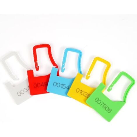 Lot de 100 scellés de sécurité en plastique (type cadenas), numérotés séquentiellement, avec code-barres et rondelle, disponibles en 5 couleurs.