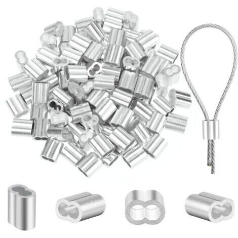 Lot de 100 serre-câbles de 2 mm - Manchons à sertir en aluminium de 2 mm - Manchons de serrage - Manchons de serrage - Serre-câbles - En aluminium - Boucle de sertissage pour câble métallique de