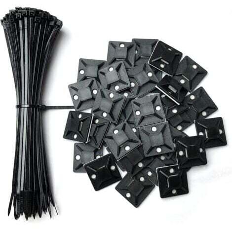 Lot de 100 supports adhésifs pour serre-câbles, 25 mm x 25 mm, noirs, auto-adhésifs, supports en plastique pour serre-câbles, 100 serre-câbles gratuits de 150 mm