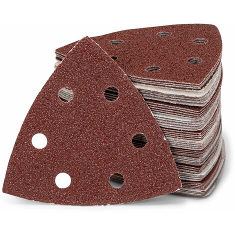 Lot de 100 triangles abrasifs delta / 6 trous / 93 x 93 x 93 mm / grain 80 / pour ponceuse delta / feuilles abrasives / tampons abrasifs triangulaires / papier abrasif
