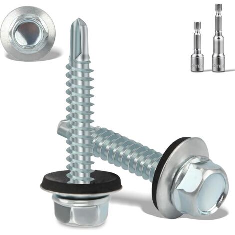 Lot de 100 vis autotaraudeuses, 4,8 x 35 mm, avec rondelle d'étanchéité et 2 embouts M8, galvanisées