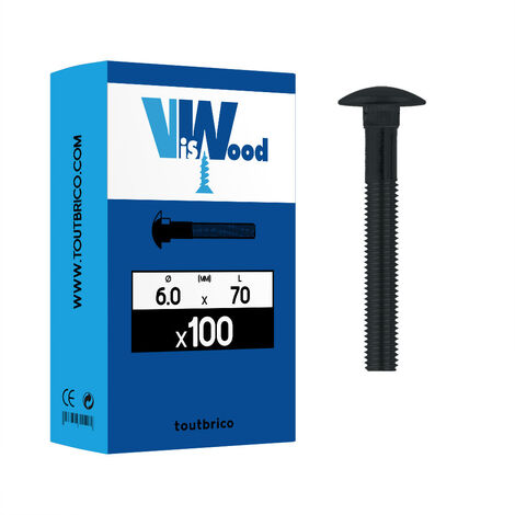Lot de 100 vis TRCC 6 x 70mm zingué noir – Tête ronde collet carré N°10 – Filetage partiel pour fixation durable – Viswood